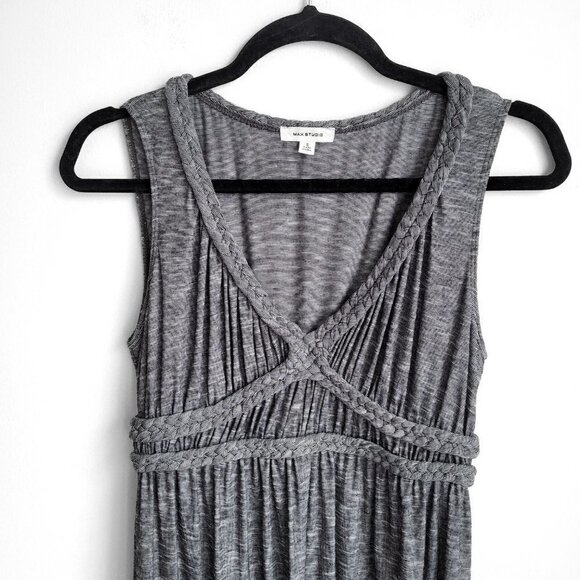 Max Studio Gray Braided Trim V-Neck Sleeveless Greek Goddess Maxi Dress - Picture 4 of 8